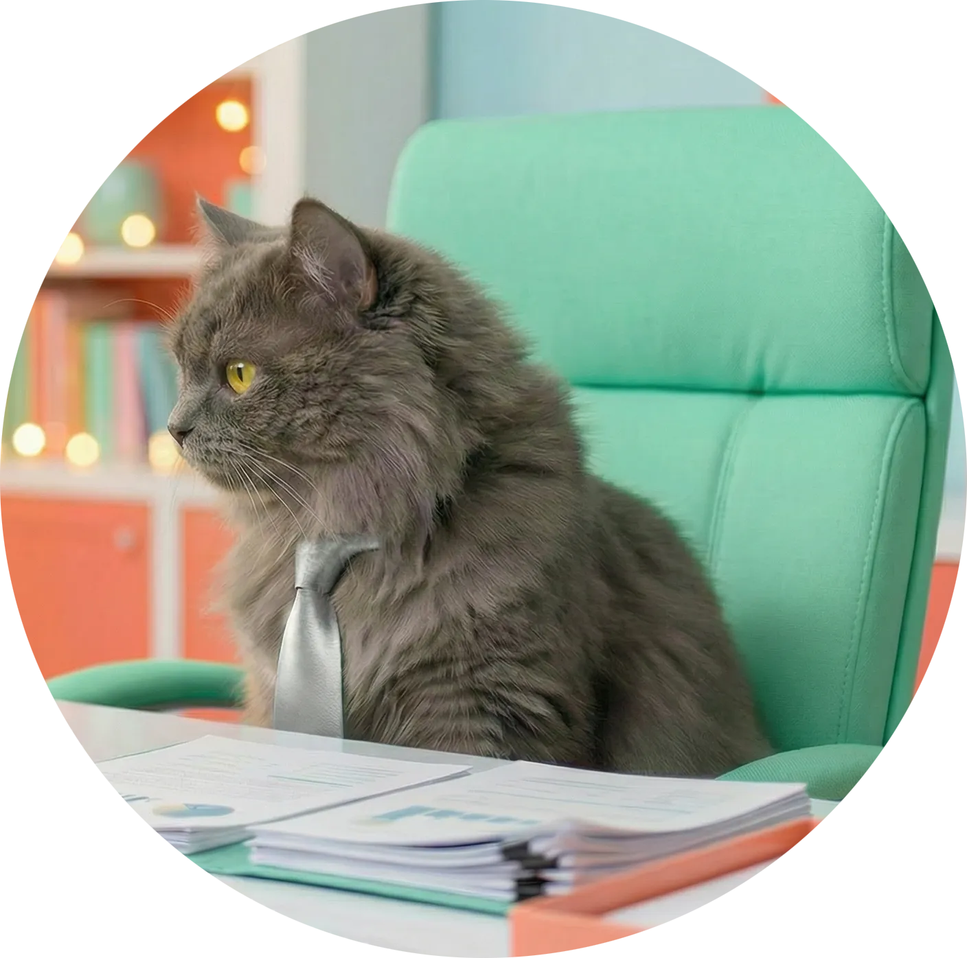 Fluffy grey cat dressed as a business professional in a tie, representing Catwa's About Us section